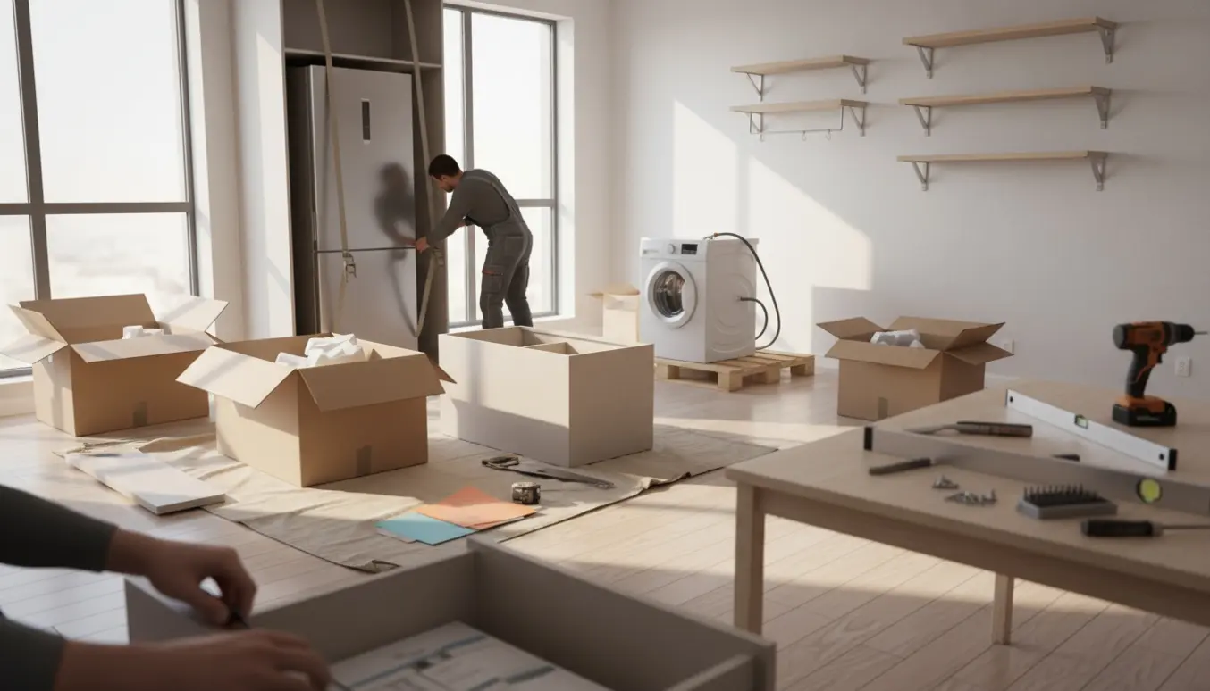 Udpakkede møbler og værktøj i en lys lejlighed, hvor hylder, skabe og hvidevarer er ved at blive samlet og monteret.