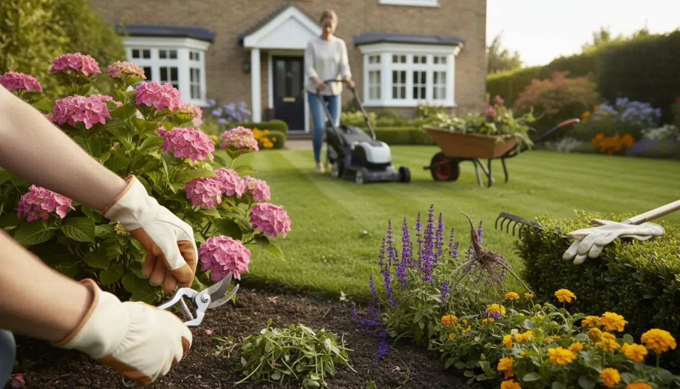 Nærbillede af havearbejde med hænder, beskæring, uhudsvækst og en plæne, der bliver slået.