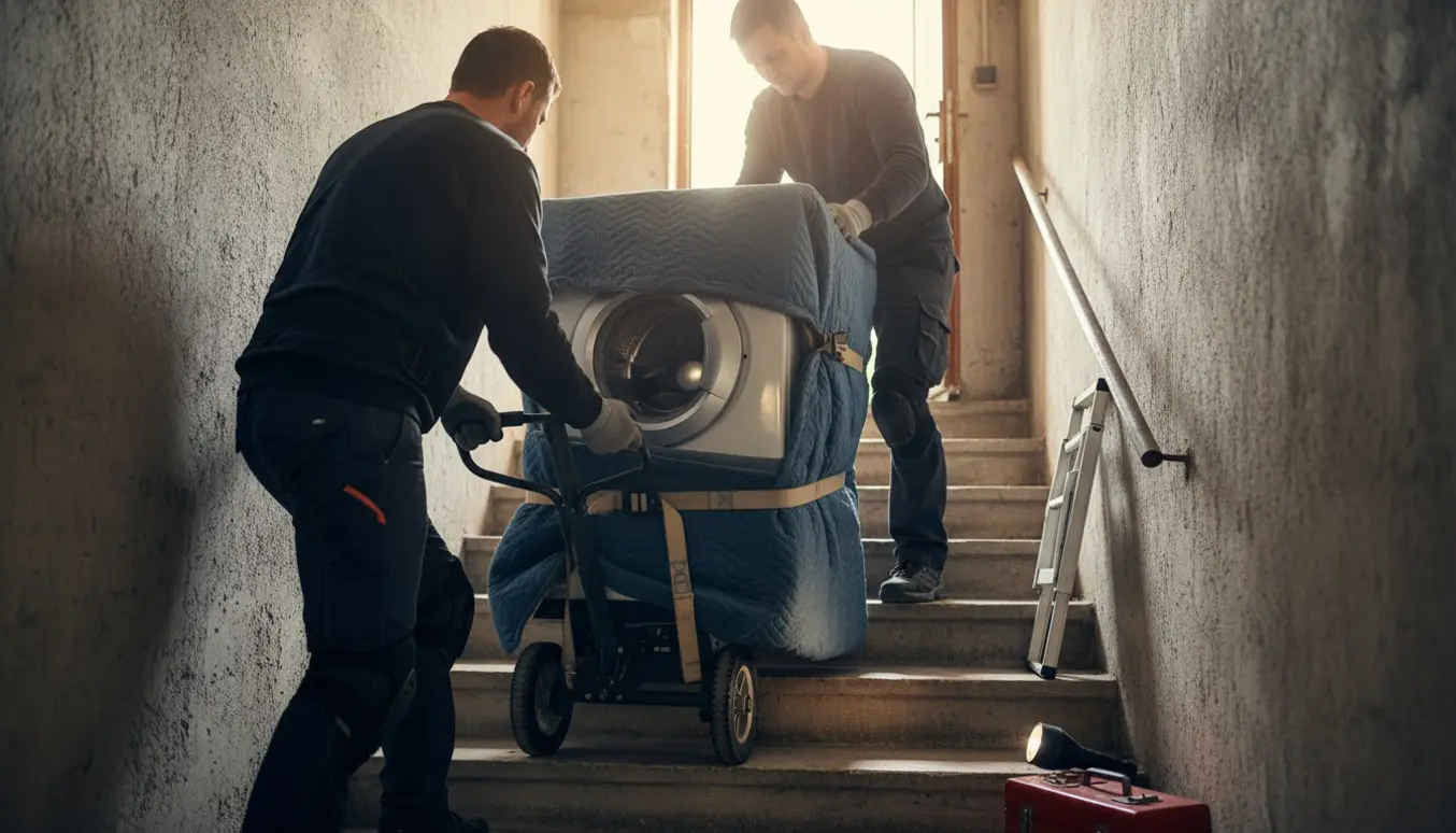 To flyttemænd trækker en vaskemaskine op ad en smal kældertrappe, indpakket i flyttetæpper og fastspændt på en trillebør.