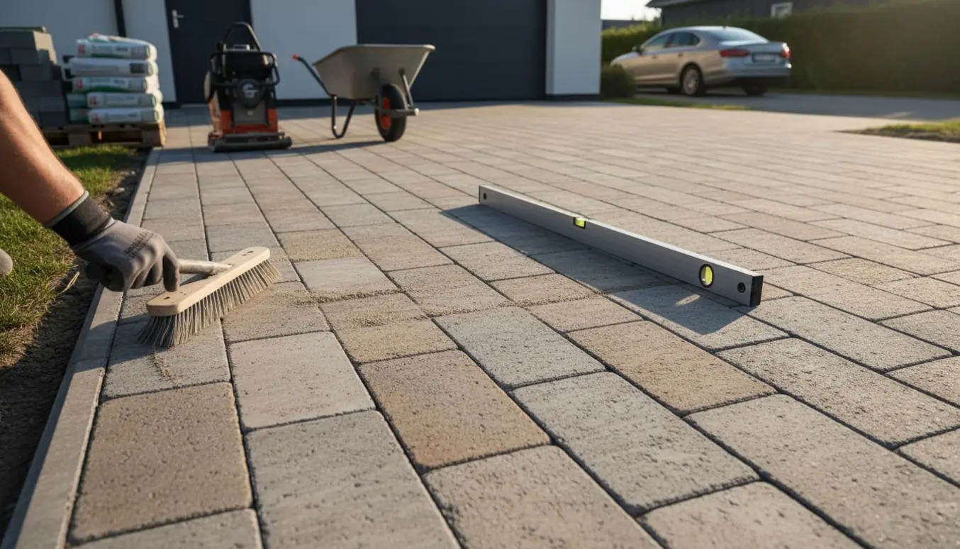 Nyindlagt indkørsel med IBF soldaterfliser 90x120 cm, handsker og værktøj i forgrunden.