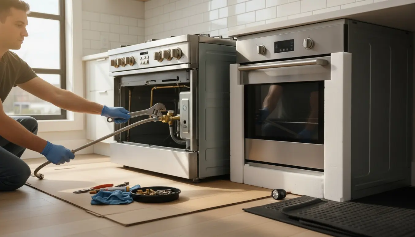 Udsnit af udskiftning af gaskomfur med handske og skruenøgle ved gaskoblingen i et lyst køkken.