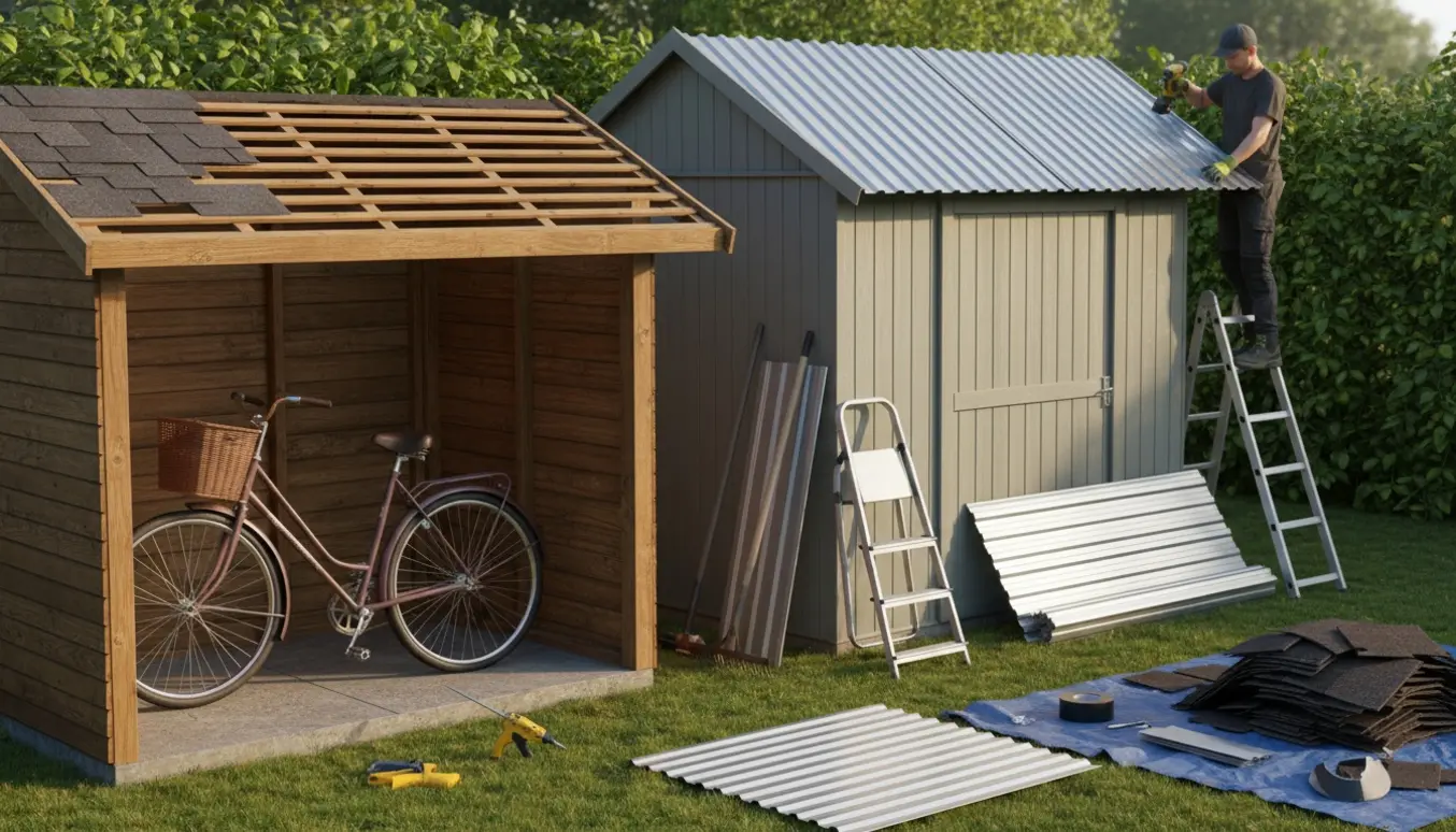 To små haveskure hvor nye trapezplader monteres på taget, med værktøj og arbejdshandsker i fokus.