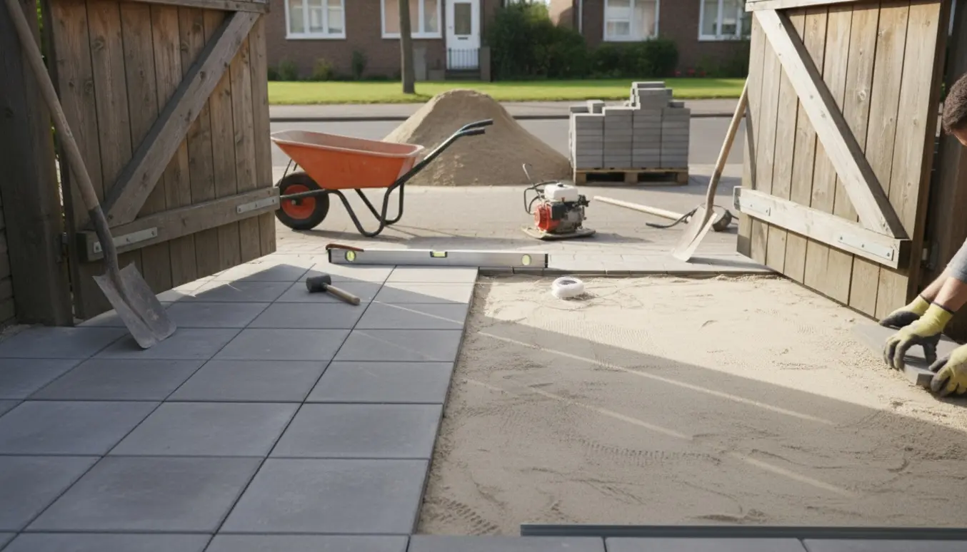 Delvist lagt terrasse med 30x30x5 cm fliser ved en åben havelåge, bunker af flisesand og værktøj klar udenfor.