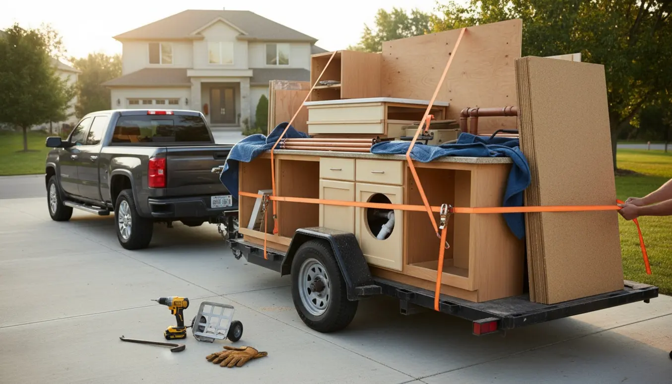 Lastbil med stor trailer læsset med nedrevne køkkenelementer klar til kørsel til lossepladsen.