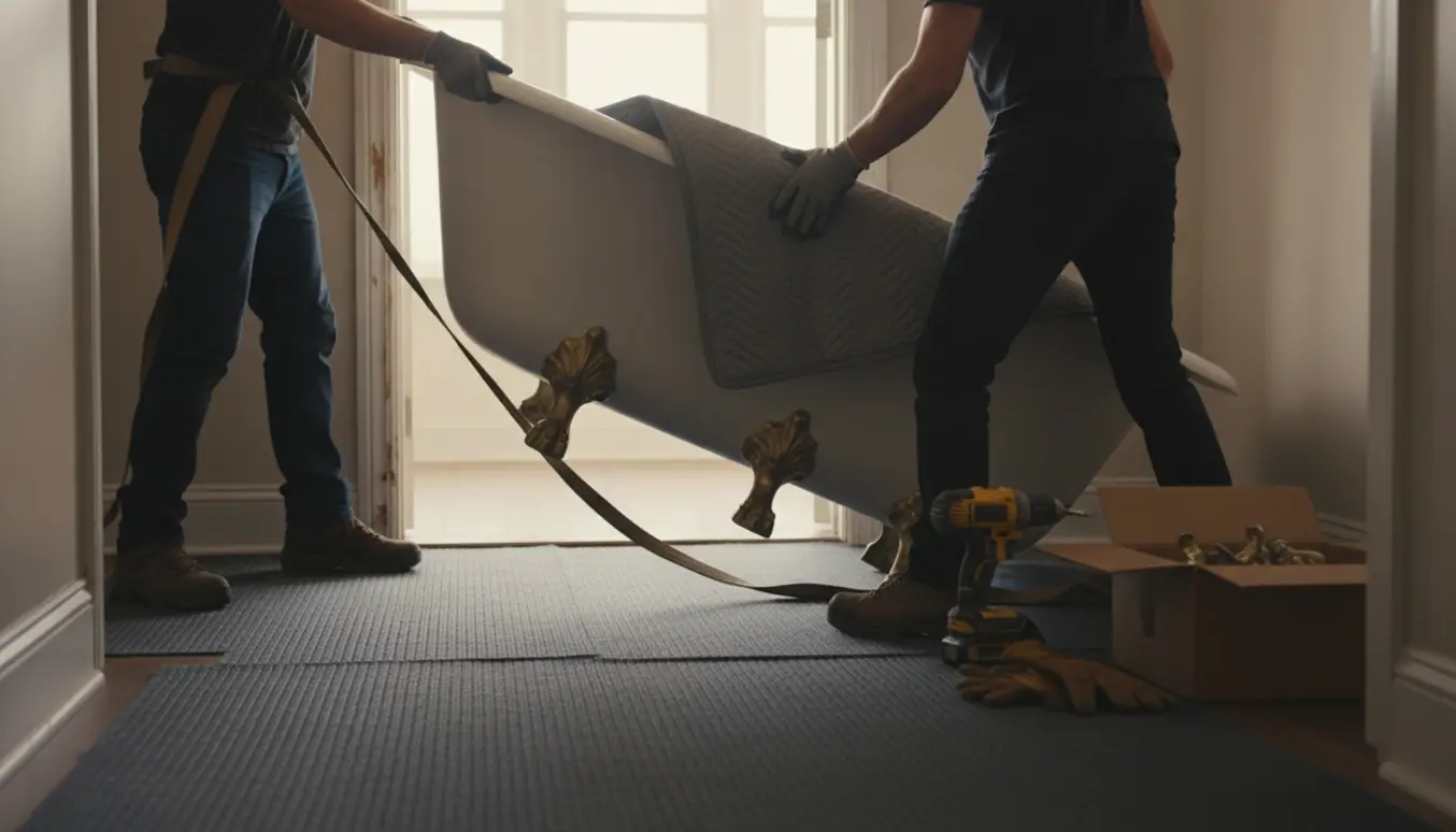 To mænd løfter et tungt fritstående badekar gennem en smal døråbning med flyttestrop og beskyttelsesunderlag.