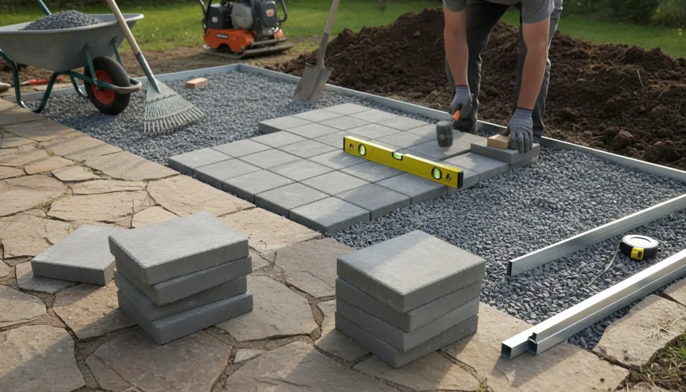 Handsker og værktøj ved udvidelse af terrasse med grusbund og grå fliser klar til lægning.