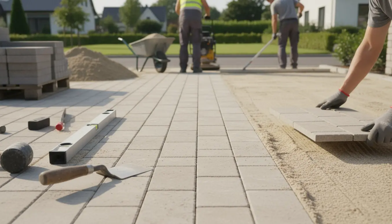 Håndværker forbereder og lægger 40 x 80 x 5 cm fliser på et afrettet sandunderlag ved vejkanten.