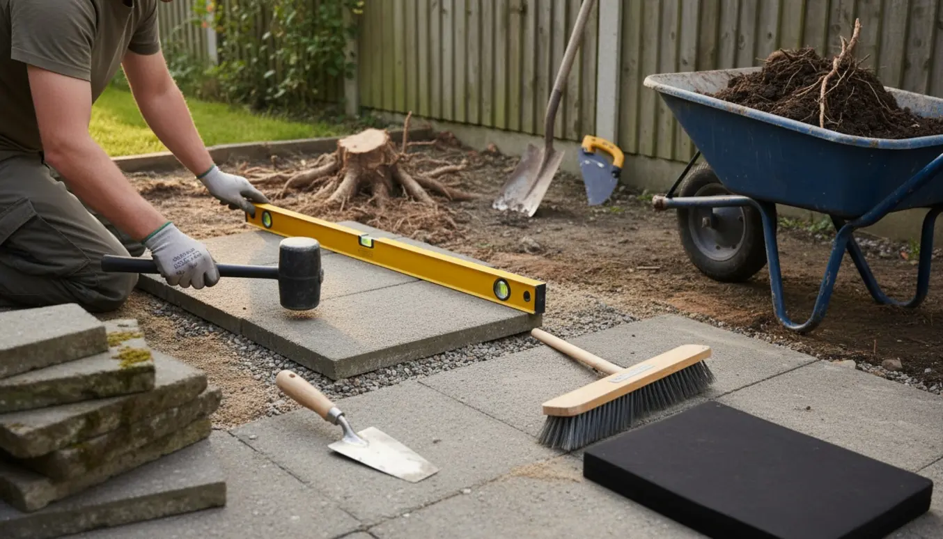 Baghave hvor fliser lægges på plads efter at trærødder er fjernet, med værktøj og stabler af fliser.