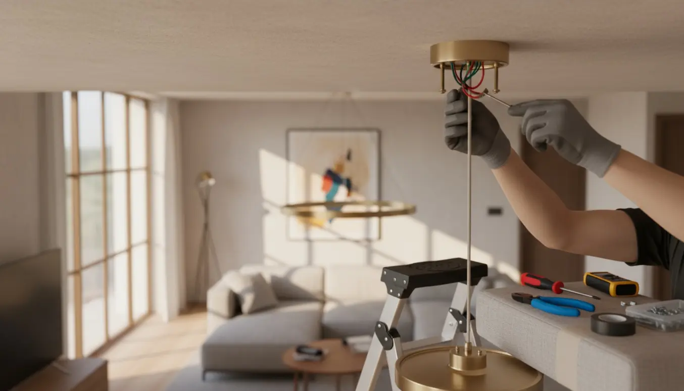 Hænder monterer en let loftlampe fra en stige i en lys stue med synlige el-ledninger og værktøj.