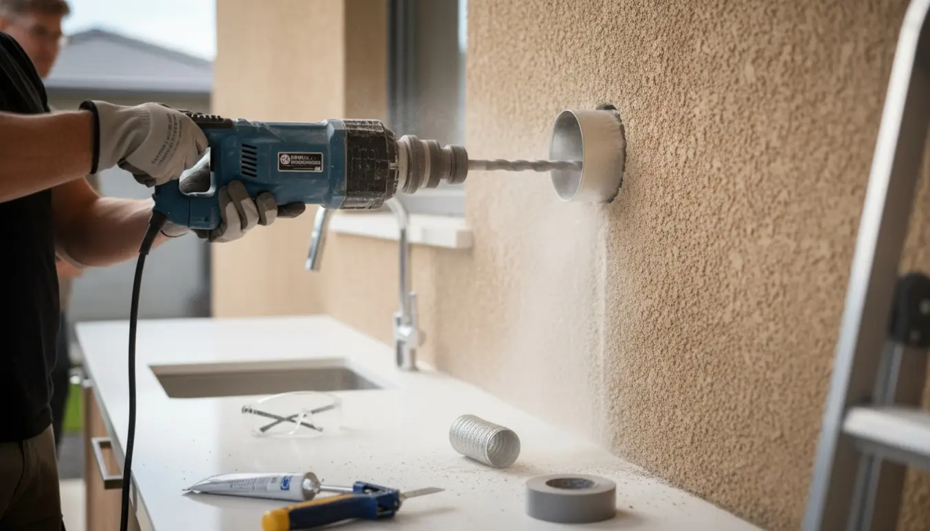 En håndværker laver et rundt hul i en ydervæg til aftræk til en kogeplade med integreret emhætte, med boremaskine og aftræksrør.