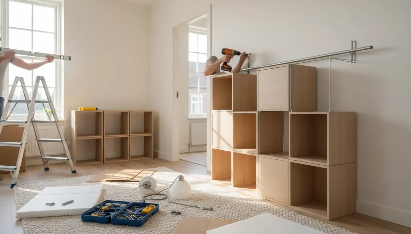 Hænder monterer reol og gardinskinne i en lys lejlighed med værktøj og lampedele ved siden af.