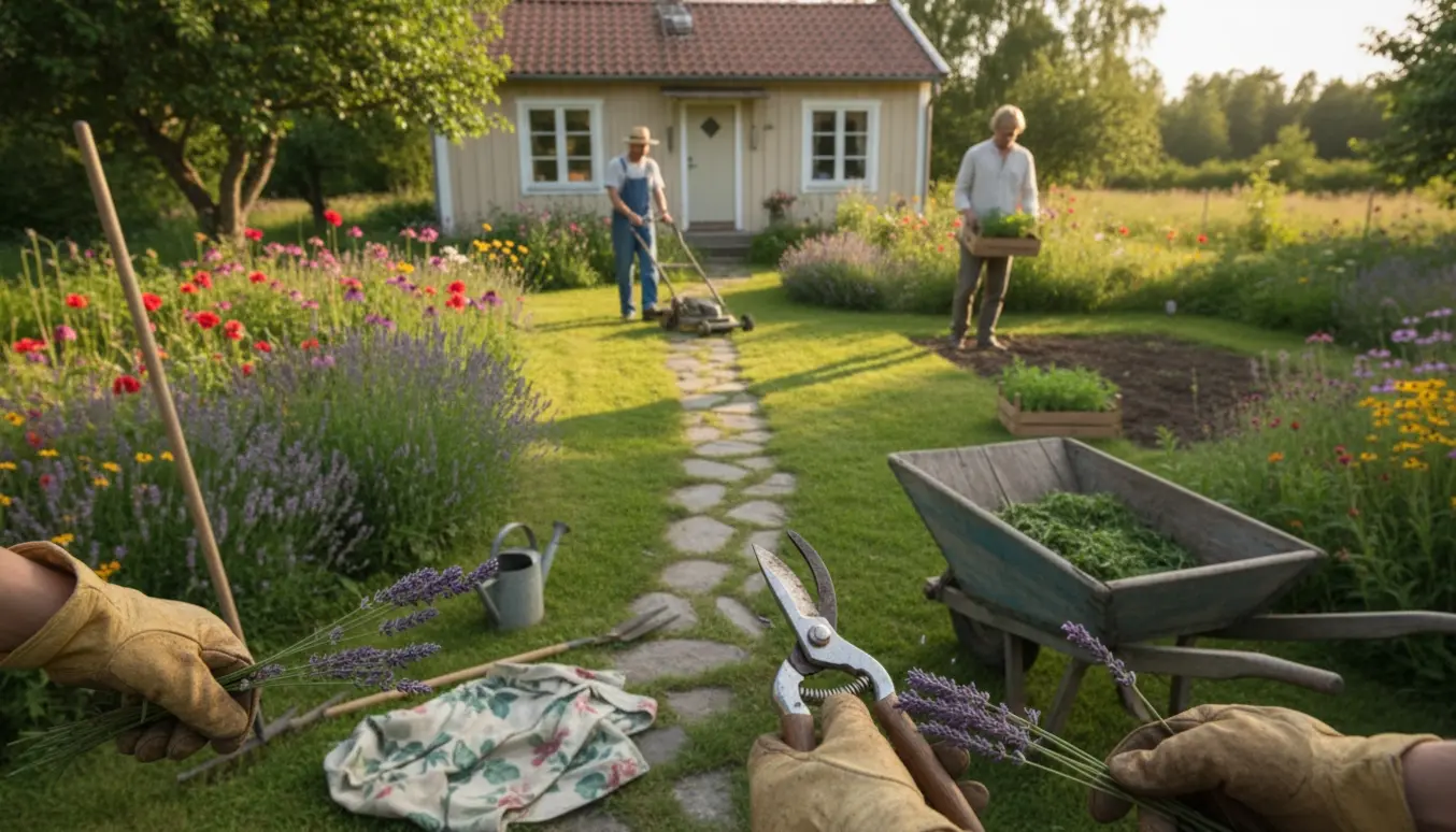 Solbeskinnet sommerhushave med haveværktøj, hænder der beskærer lavendel og to havefolk set bagfra.
