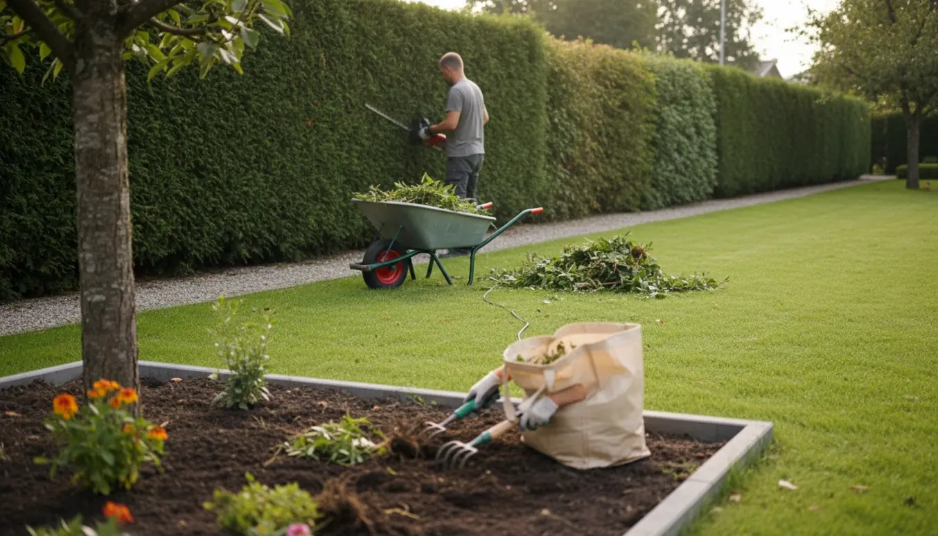 En havearbejder fra ryggen klipper en 2 m høj hæk med en trillebør fyldt med afklip, mens lugning af bede foregår i forgrunden.