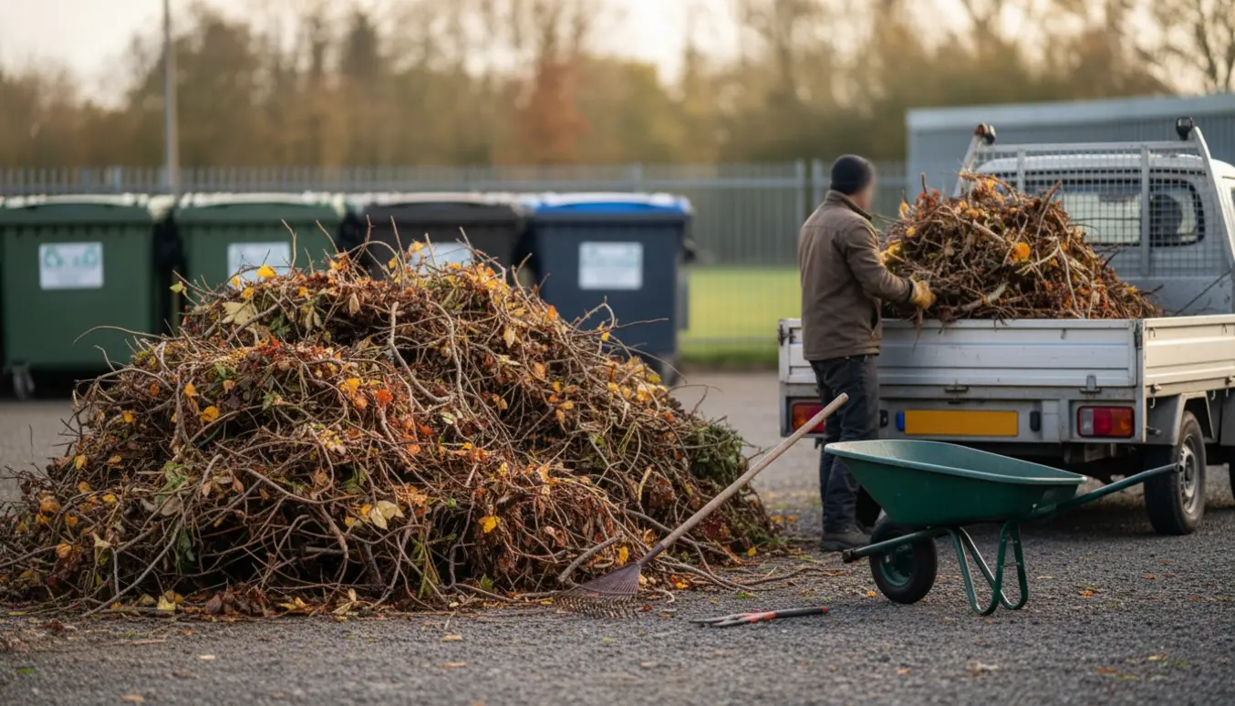 Stor bunke haveaffald med grene og blade ved en trailer klar til afhentning