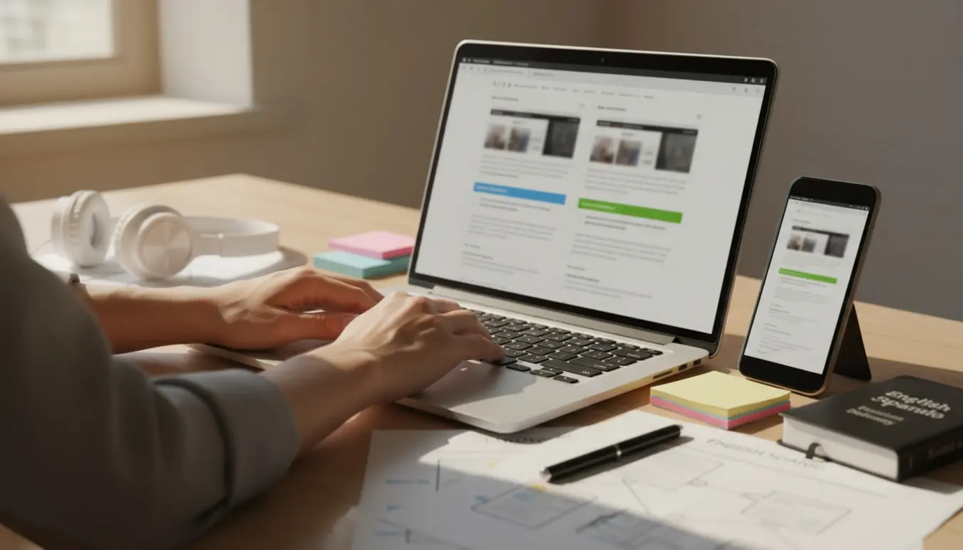 Hænder oversætter en hjemmeside ved en bærbar med to skærm‑preview og noter på et lyst skrivebord.