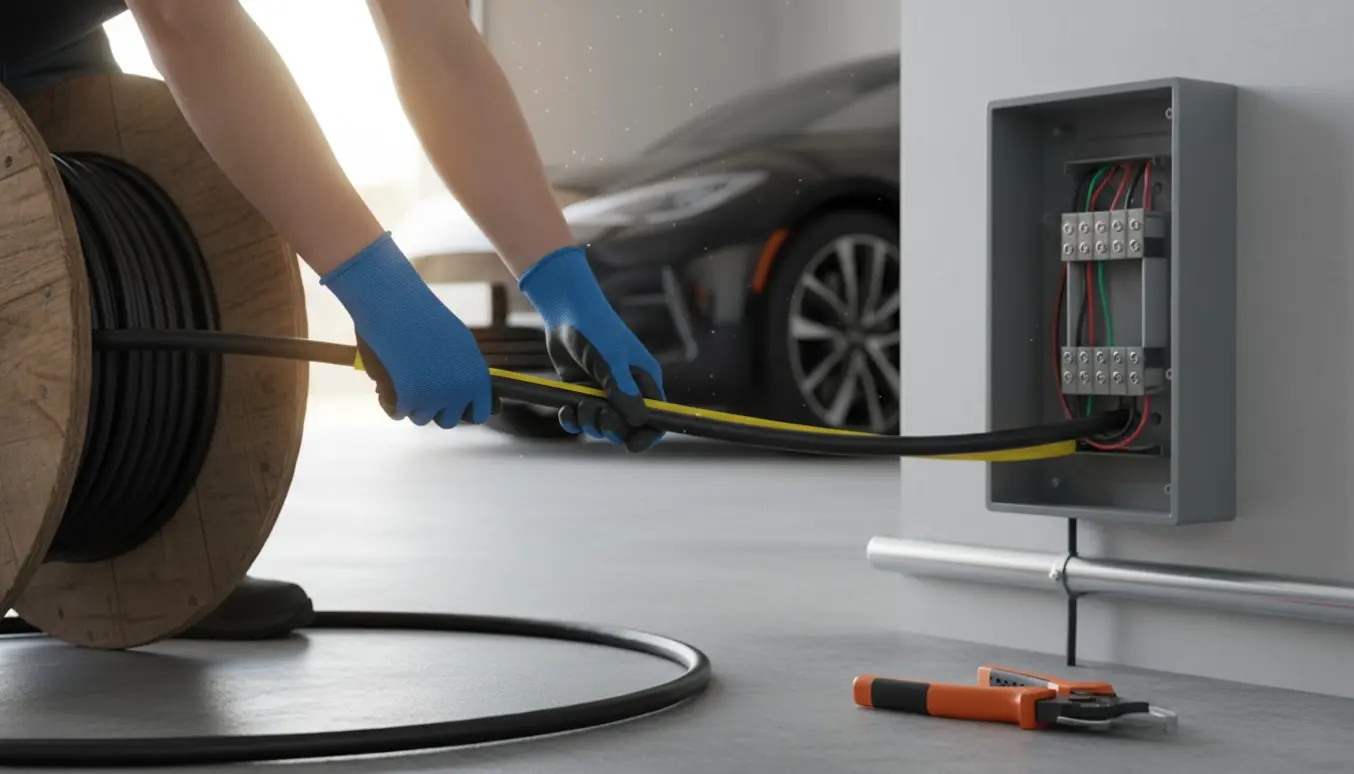 Nærbillede af handskerede hænder, der trækker kabel ind i en vægmonteret ladeboks i en garage.