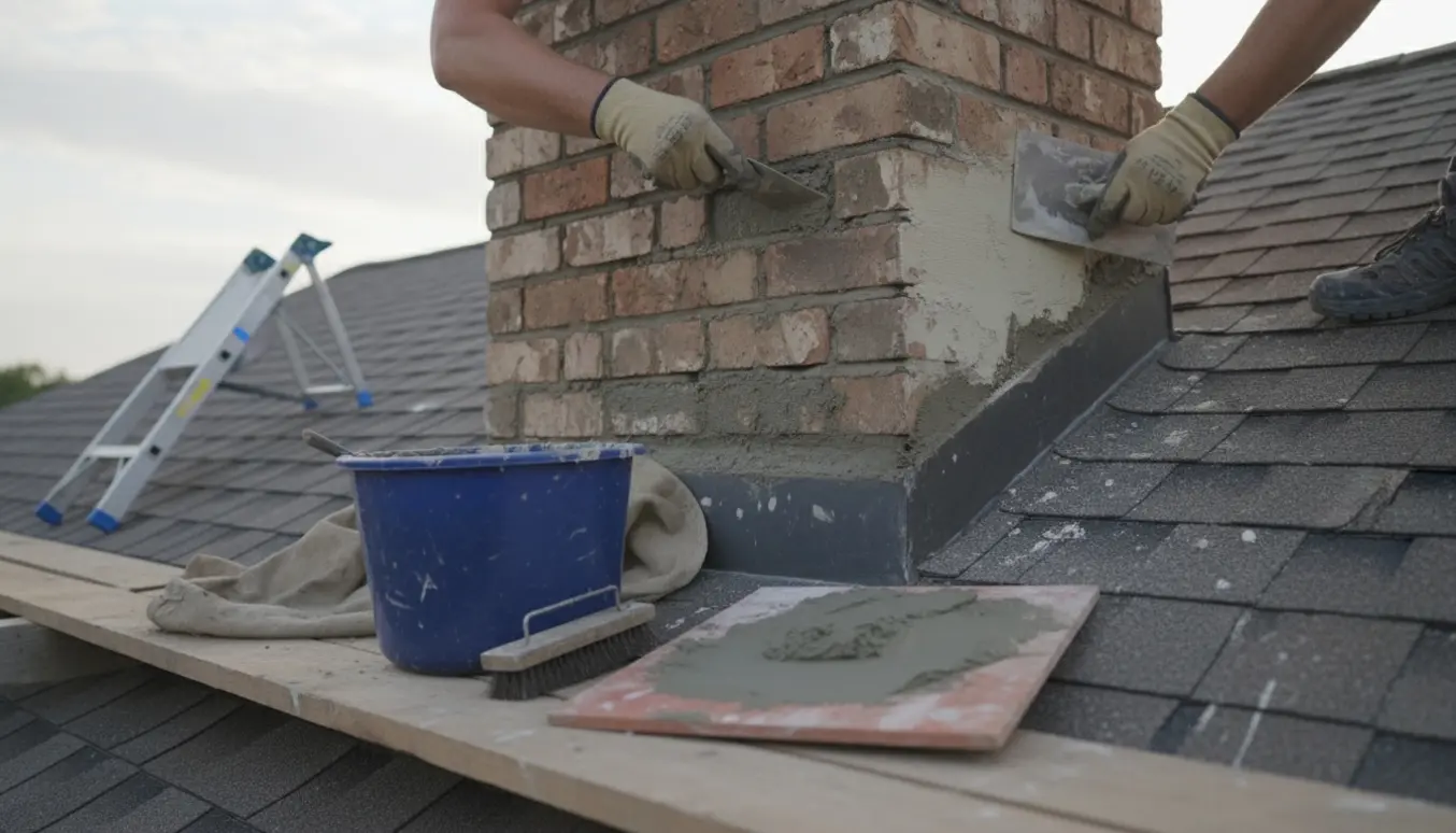 Nærbillede af arbejdshænder, der reparerer fuger og pudser en skorsten på et enplans hus med lavt tag.