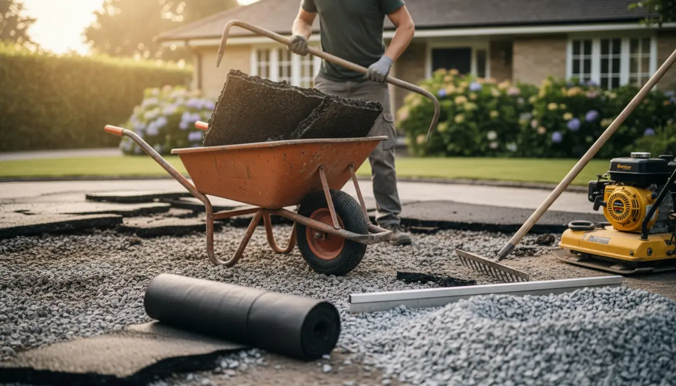 Indkørsel under renovering med porøs asfalt, håndværker fjerner stykker og forbereder underlaget til grus og ukrudtsdug.