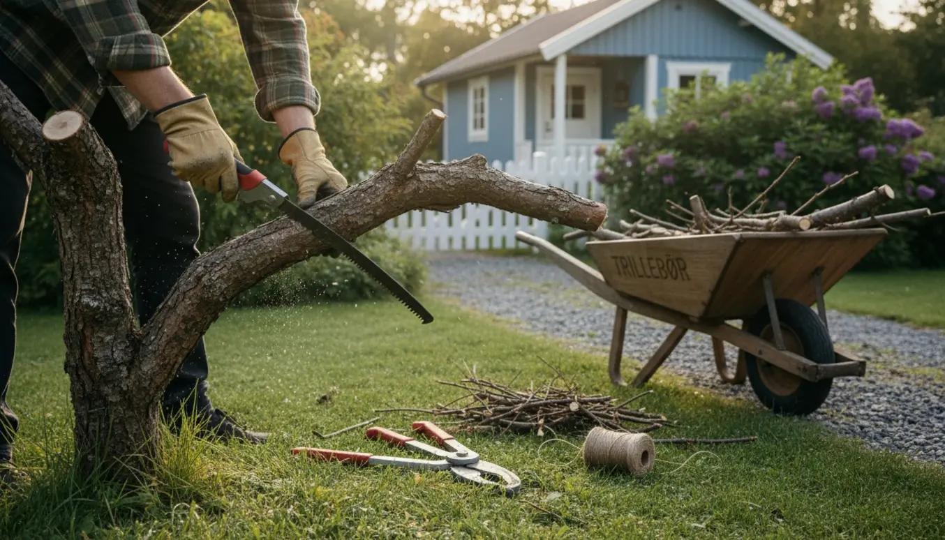 Hænder i arbejdshandsker saver en 10–15 cm tyk gren i en solrig sommerhushave med en trillebør fyldt med afklippede grene.