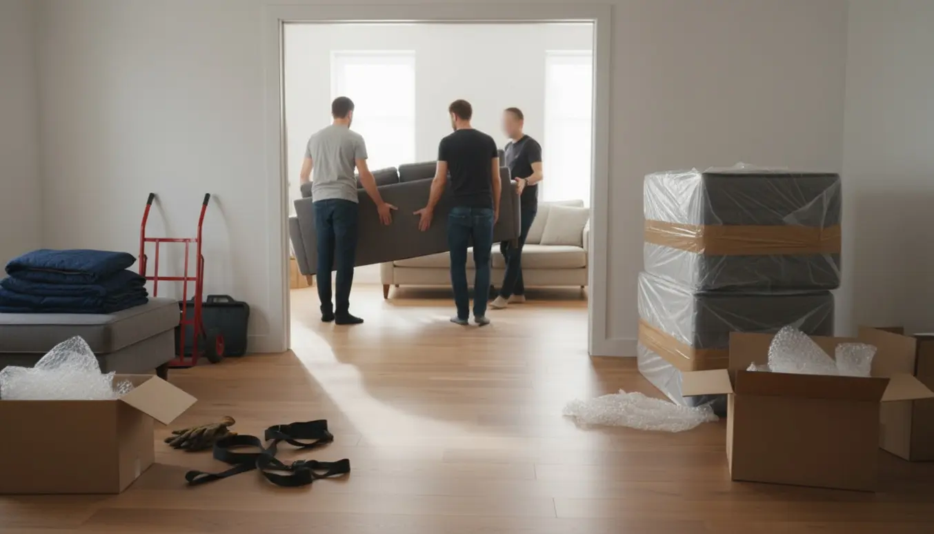 To personer bærer en sofa ind i en solfyldt lejlighed, mens to indpakkede boksmadrasser venter ved døren.