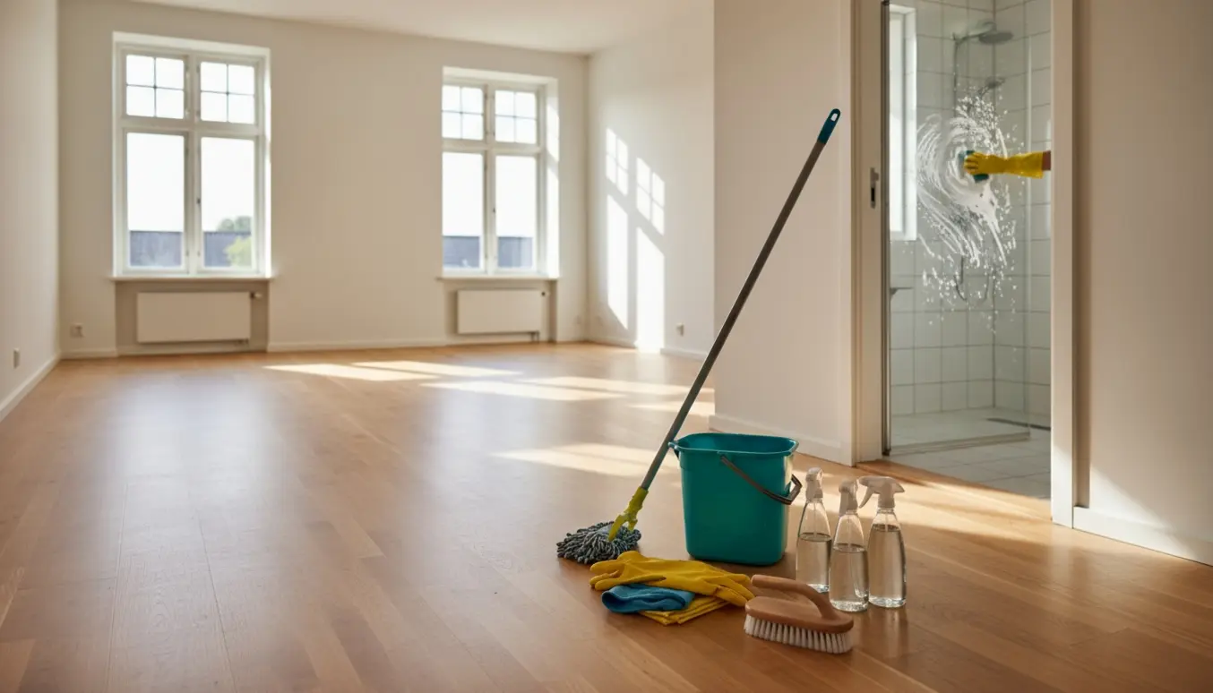 Sollys i en tom lejlighed med rengøringsudstyr i forgrunden og en handskerenset brusekabine med kalk i baggrunden.