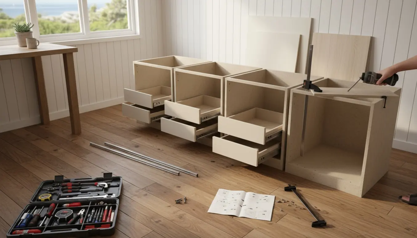 Hænder samler Ikea-køkkenskabe i et lyst sommerhuskøkken med værktøj og åbne skuffer.