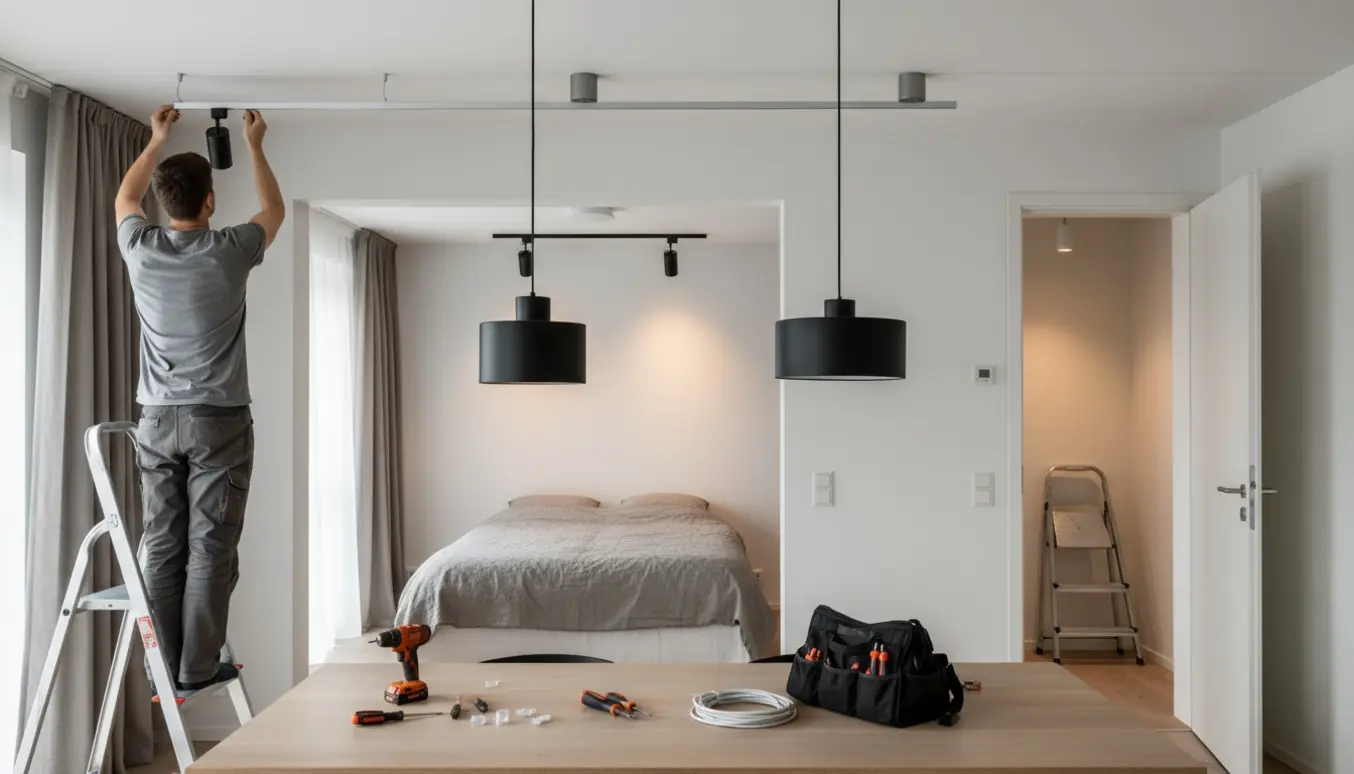 Installatør monterer lamper og spotskinner over spisebordet i en moderne lejlighed.