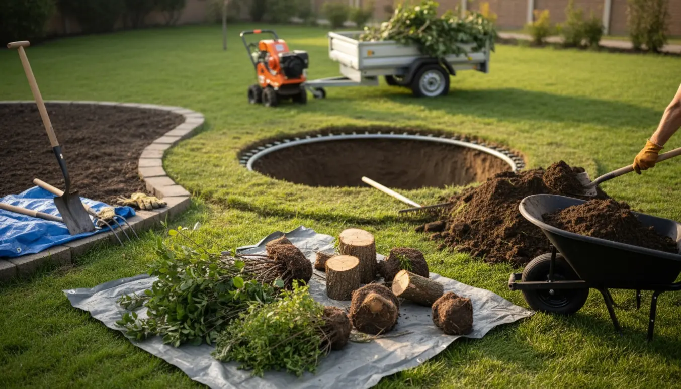 Have under rydning med en nedgravet trampolin, opgravet jord, stabler af buske og værktøj.