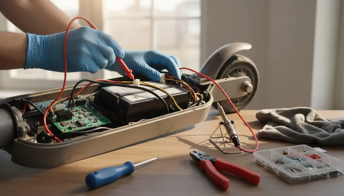 Nitrilhandsker tester et åbent el-løbehjuls batteri med multimeter på et ryddeligt værksted.