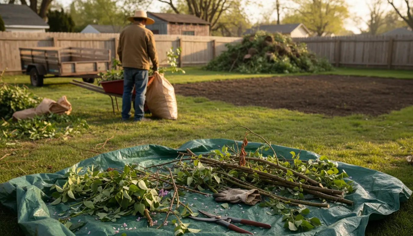 Beskæring og bortskaffelse af roser og syrener i en ryddet baghave med trillebør og sække.