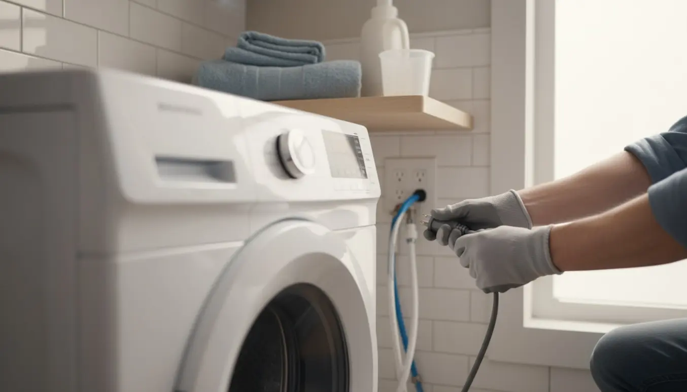 Hænder tilslutter vaskemaskinens jordede strømstik i et lyst og ryddeligt vaskerum.