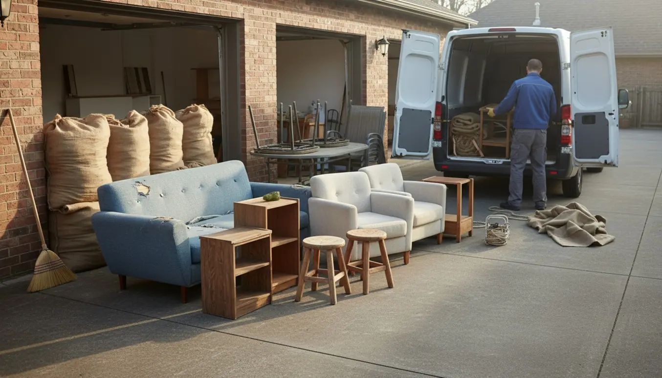 Lastning af storskrald ved garage med sofa, reoler, stole, tæpper og sække klar til afhentning.