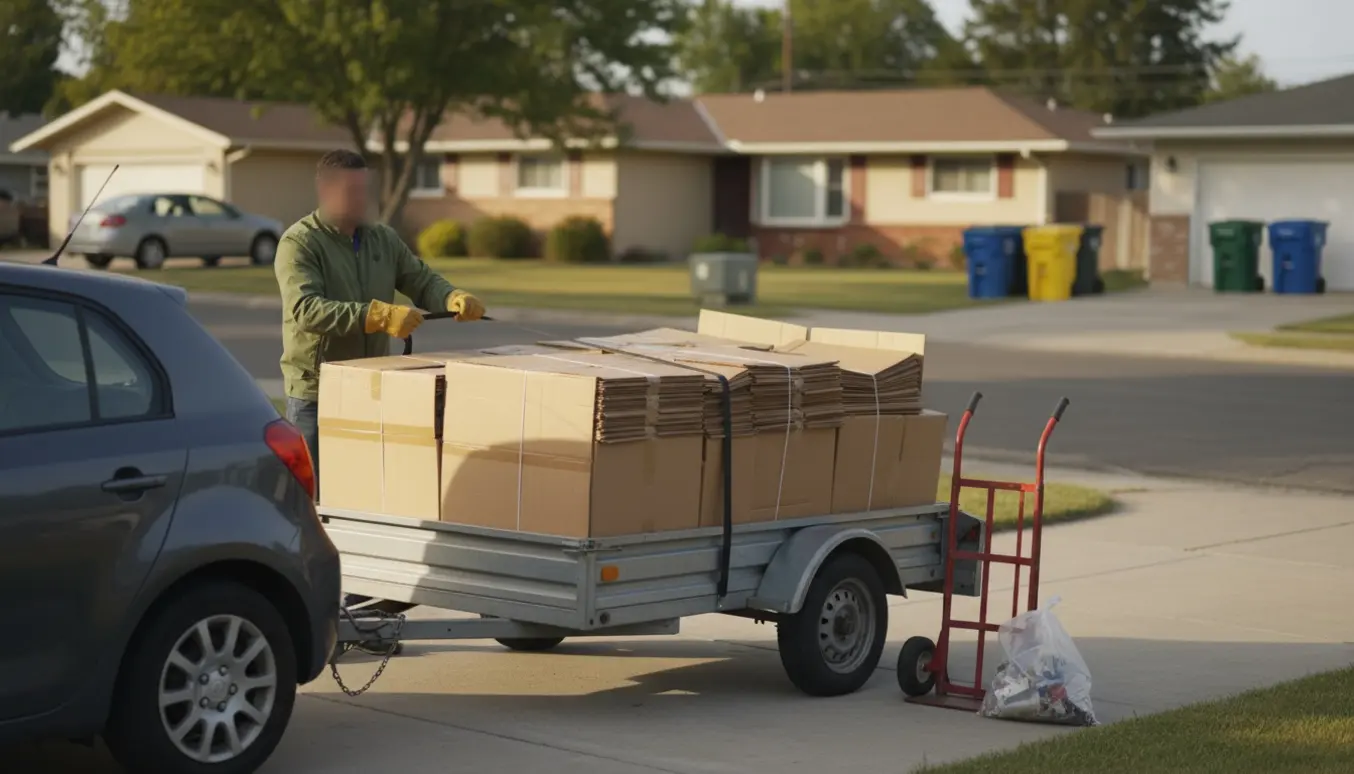 En trailer fyldt med sammenklappet pap ved indkørsel, hvor en person sikrer læsset klar til genbrug.