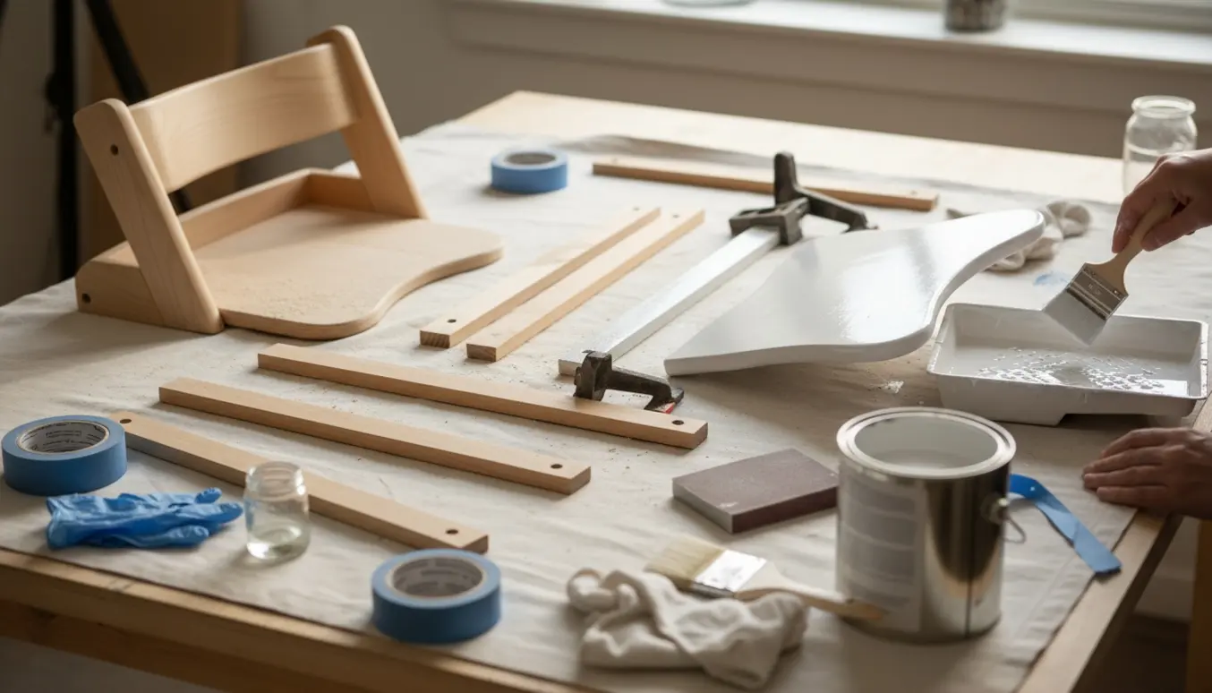 Adskilte dele af en Tripp Trapp-lignende højstol på et arbejdsbord, delvist nymalet i hvidt med pensler og slibeværktøj.