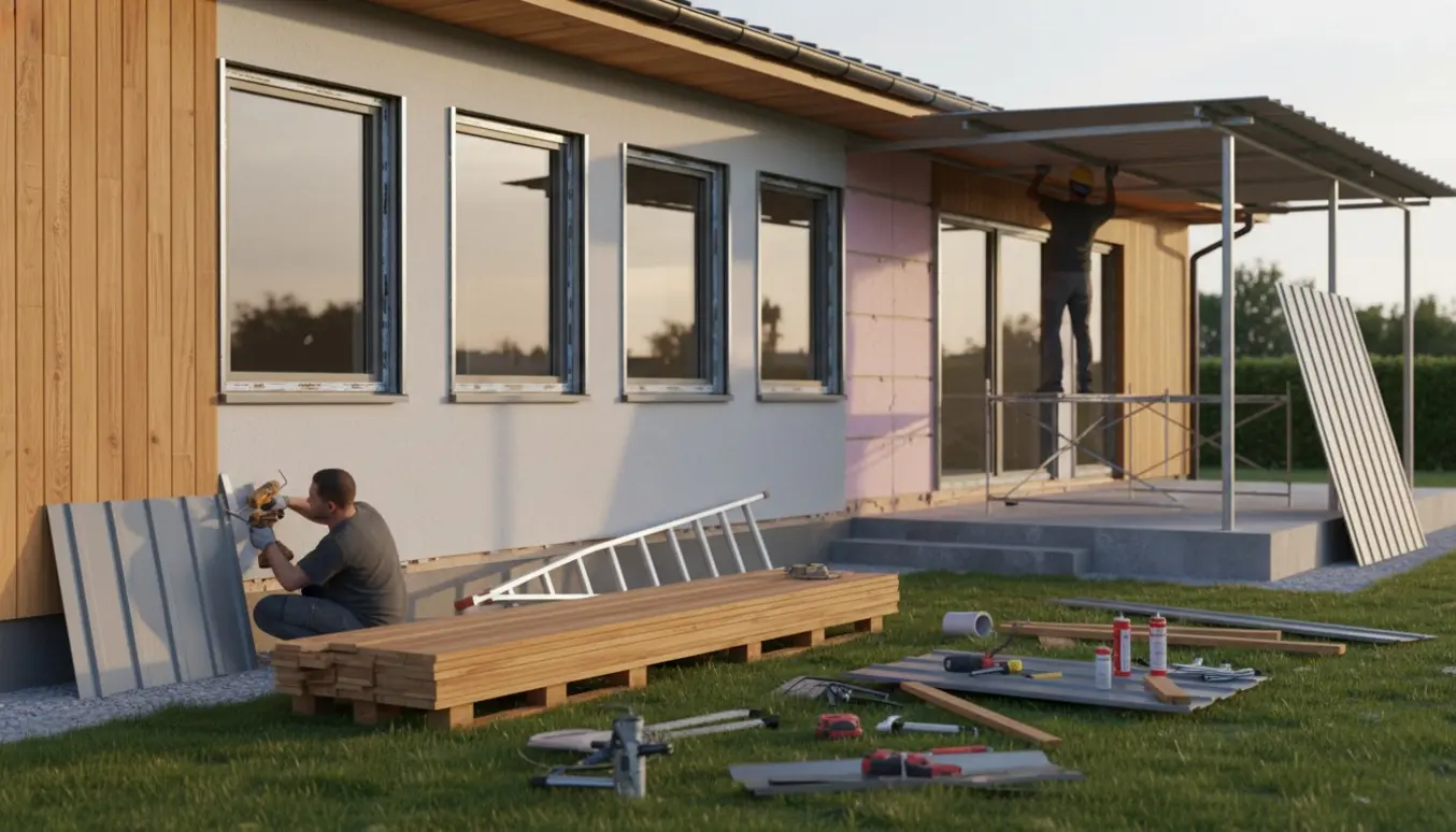 Husfacade under renovering med ny inddækning omkring fire vinduer, delvis monteret trapezoverdækning over terrassen og ny beklædning.