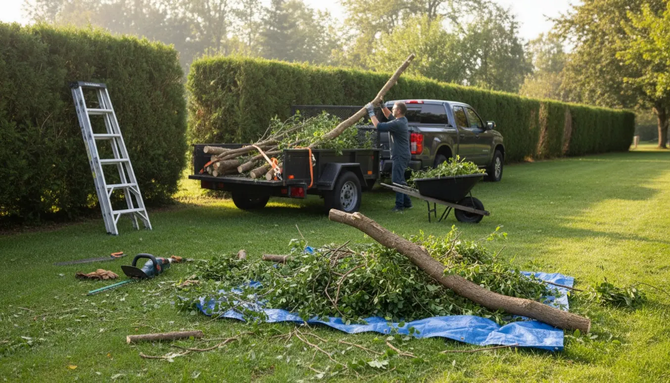 Trailer med bundter af hækafklip, handsker og værktøj foran en nyklippet, lang hæk.
