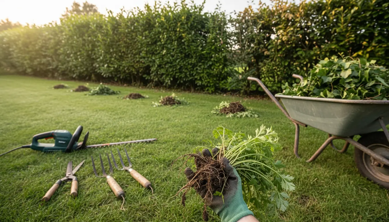 Handsker og haveværktøj ved opgravet snerler og skvalderkål foran en efehæk under beskæring i en solrig have.