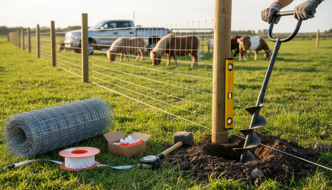 Opsætning af hegn til heste og geder med stolper, tråd og værktøj i forgrunden.
