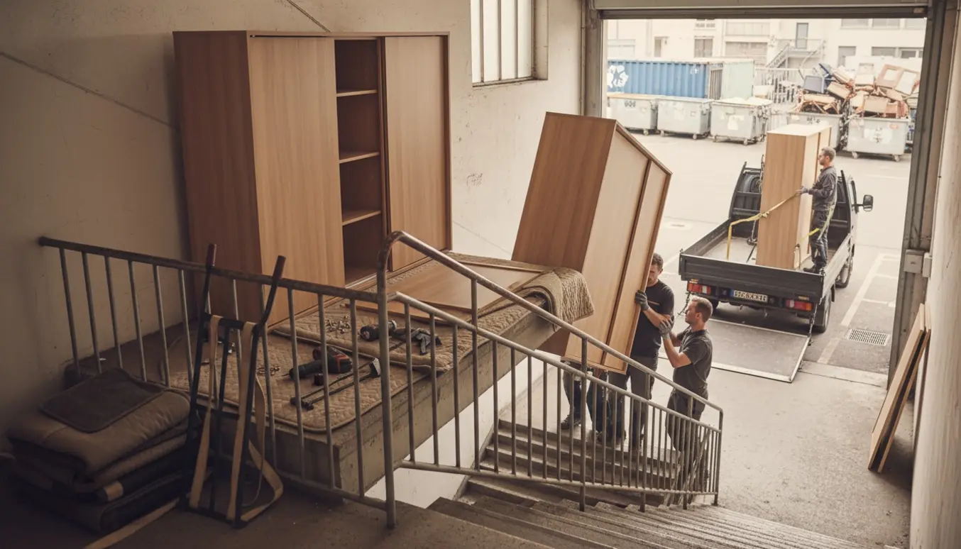 Flyttearbejdere bærer skabe ned ad en opgang og læsser dem på en varevogn ved en genbrugsstation.
