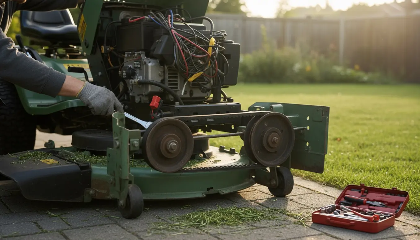 Havetraktor med slåmaskinedæk hævet og hænder, der inspicerer klinge, rem og værktøj.