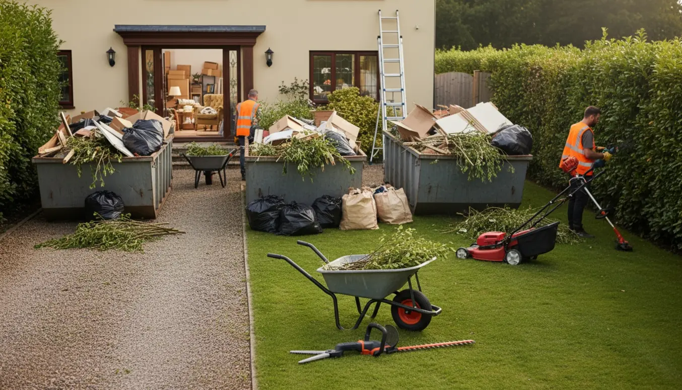 Fyldte containere, haveredskaber og nyslået hæk foran et hus under oprydning og beskæring.