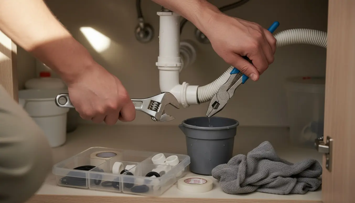 Hænder strammer en plastik flexslange og P‑fælde under en åben køkkenvask med værktøj og reservedele ved siden af.