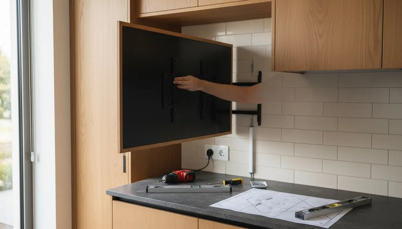 Opsætning af et 65 tommer rammet TV på en køkkenvæg med monteringsbeslag og værktøj i fokus.