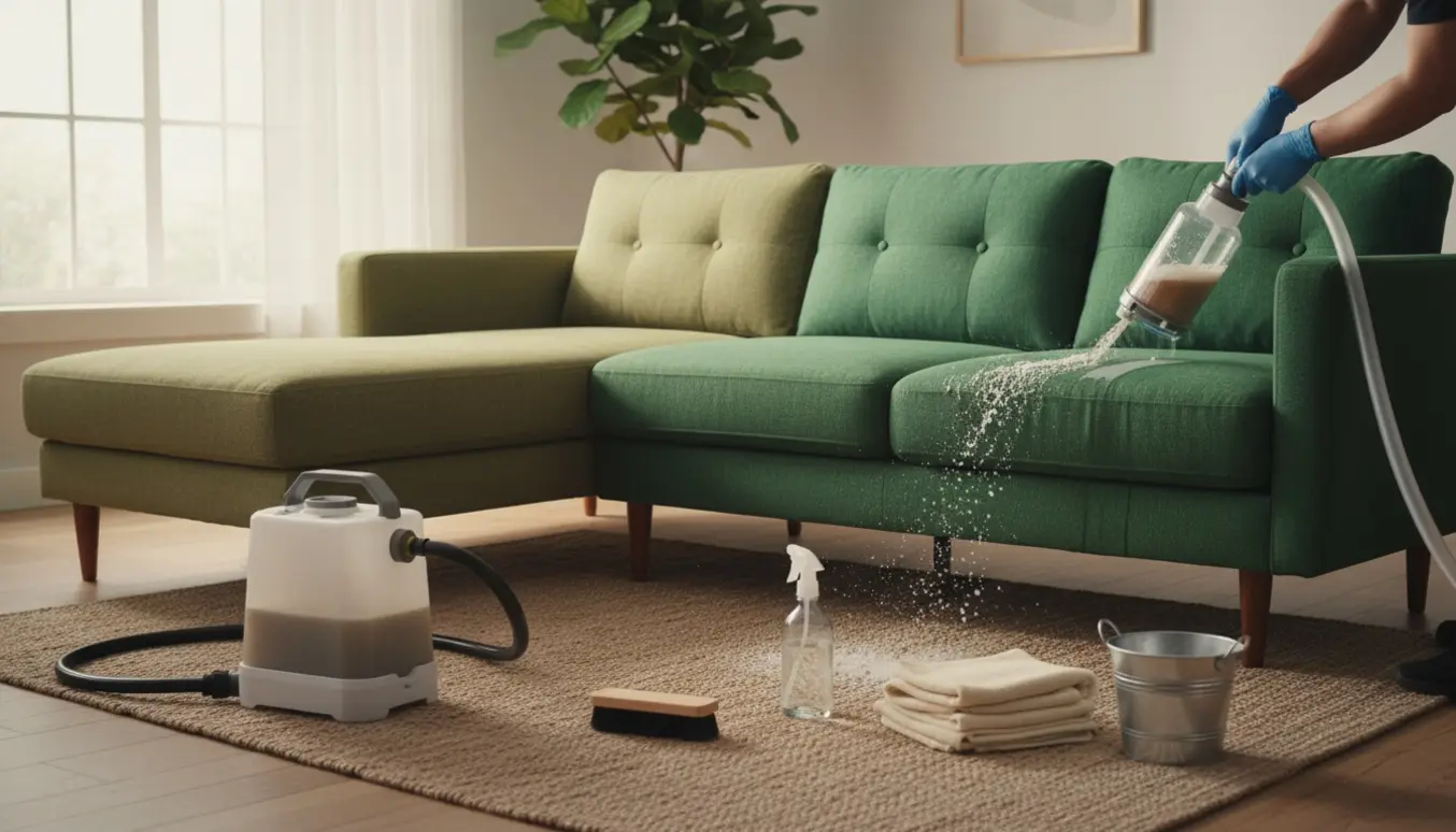 Sofa under dybderens med rensedyse og synlig forskel mellem renset og beskidt stof.