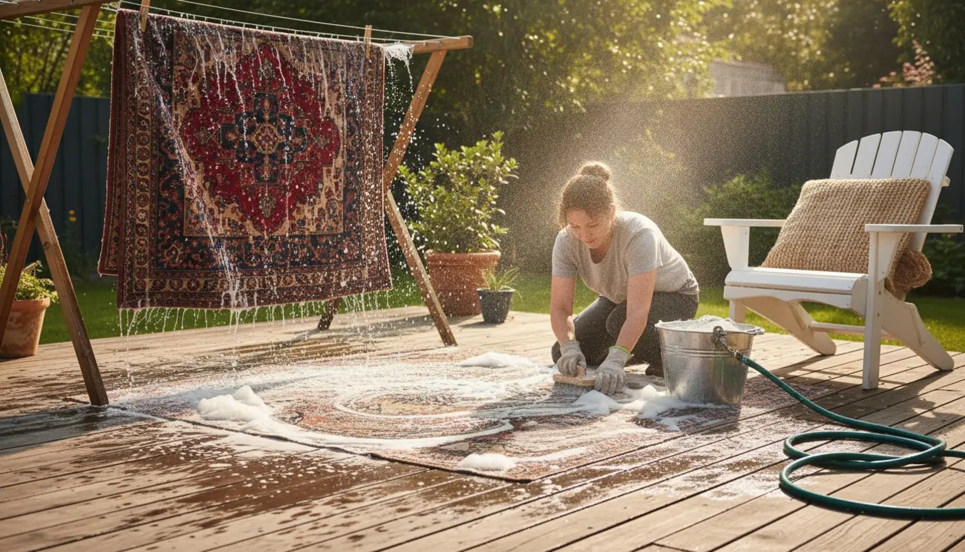 Tre tæpper vaskes udendørs på en solbeskinnet terrasse med børste, sæbeskum og vandsprøjt.