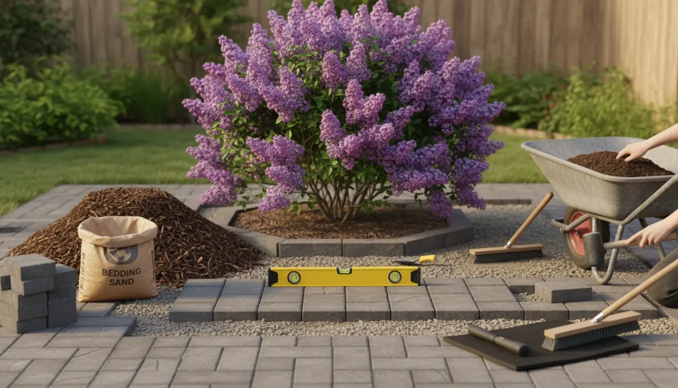 Fliser lægges omkring en syren i et bed med bunker af flis, åbne sandposer og værktøj klar.