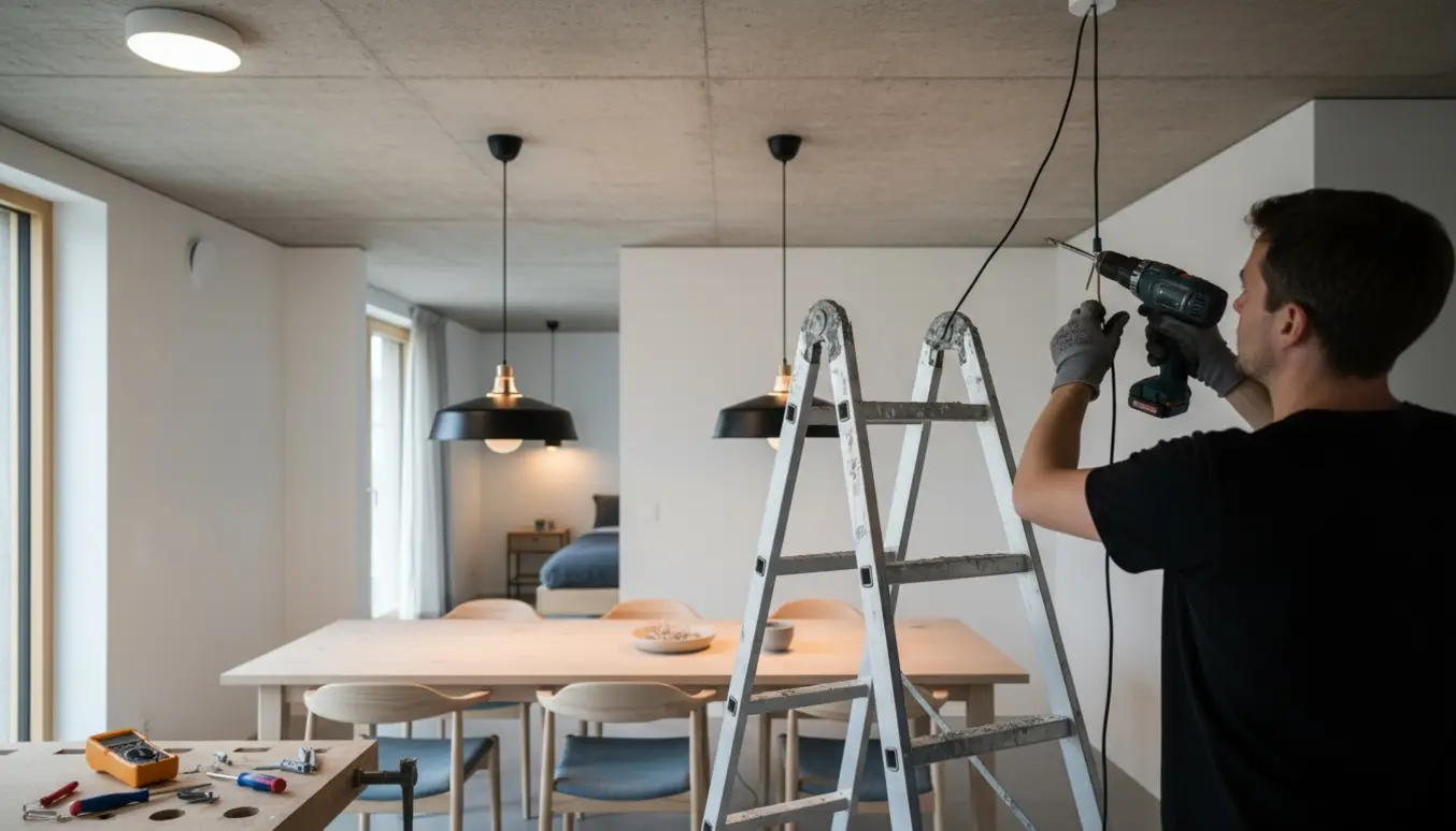 Elektriker monterer pendler og loftlampe under et råt betonloft, med stige og værktøj synligt.