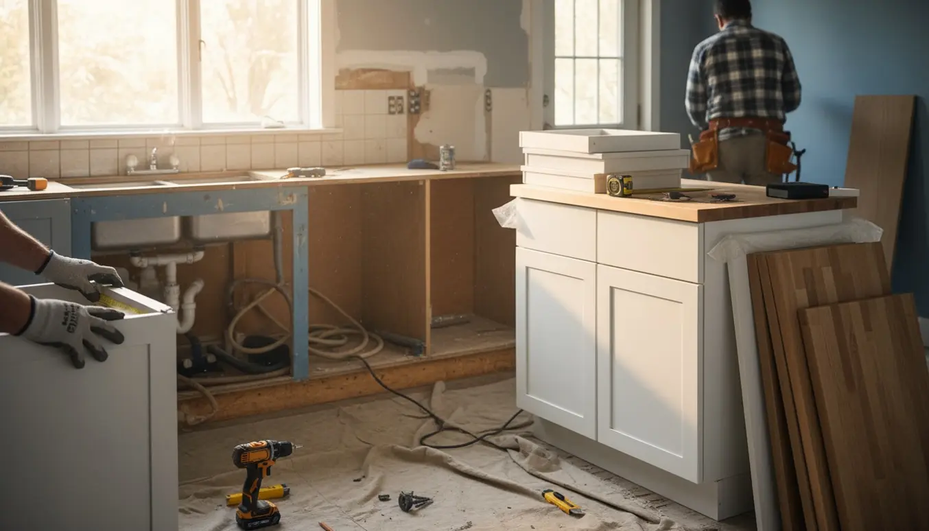 Midlertidig køkken i en udlejningsbolig under udskiftning med nye skabe og værktøj klar til montering.