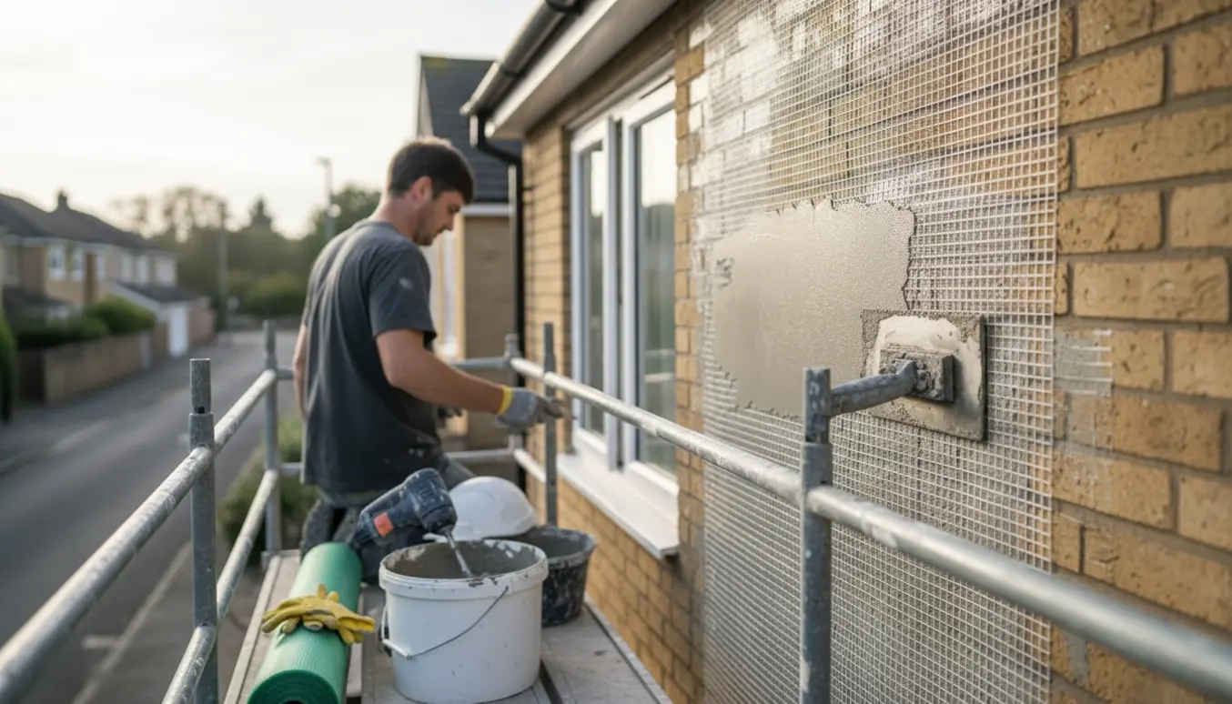 Arbejdshænder på stillads påfører armeringsnet og mørtel på en lille facades ydervæg.