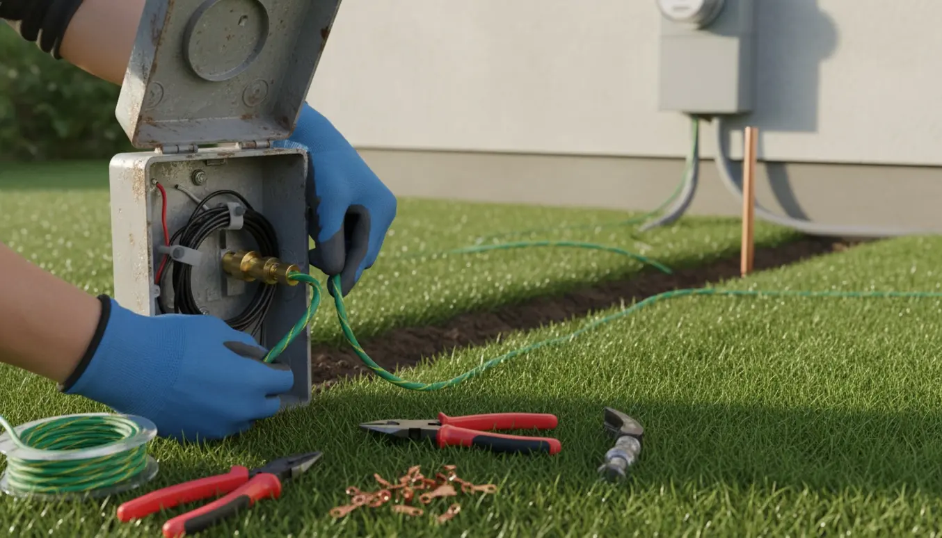 Hænder forbinder jordkabel til et udendørsstik i haven med jordspyd i baggrunden.